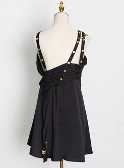 Sexy Asymmetrical Neck Cross Back Black Mini Dress