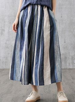 Casual Striped Elasticated Waist Linen Skirt