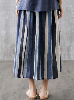 Casual Striped Elasticated Waist Linen Skirt