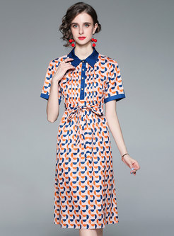 Turn-down Collar Print Self-tie Summer Dress