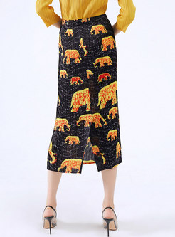 High Waisted Animal Pattern Pleated Midi Skirt