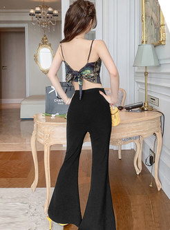 Sexy Black Print Backless Flare Pant Suits
