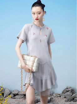 Crew Neck Embroidered Mesh Patchwork T-shirt Dress