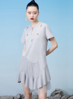 Crew Neck Embroidered Mesh Patchwork T-shirt Dress