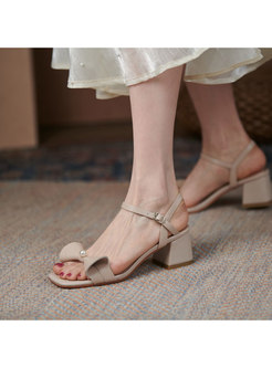 Bowknot Pearl Embellished Chunky Heel Sandals