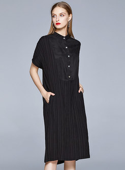 Brief Black Batwing Sleeve Pleated Shift Dress