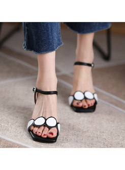 Square Toe Circle Leather Thin Heel Sandals