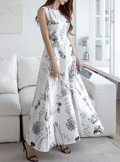 Crew Neck Sleeveless Print Elegant Maxi Dress