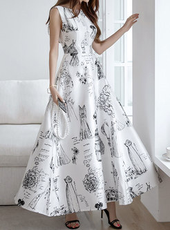Crew Neck Sleeveless Print Elegant Maxi Dress