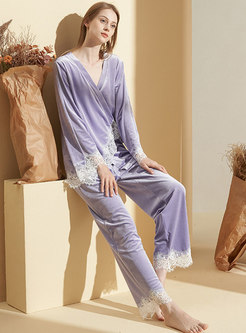Purple Velvet V-neck Lace Patchwork Pajamas Set