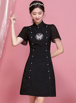 Vintage Mesh Patchwork Embroidered Cheongsam Dress