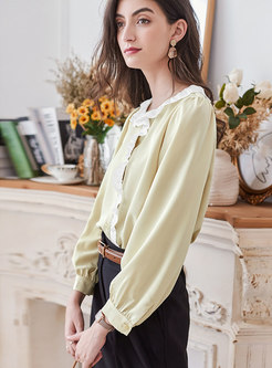 Color-blocked Patchwork Ruffle Single-breasted Blouse