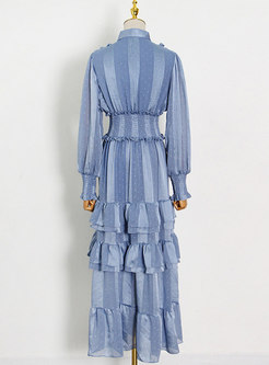 Blue Long Sleeve Glossy Layer Maxi Dress