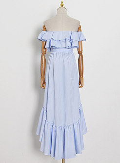 Boho Off-the-shoulder Striped Asymmetric Maxi Dress