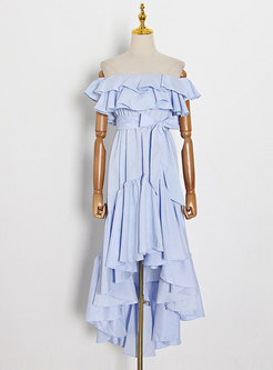 Boho Off-the-shoulder Striped Asymmetric Maxi Dress