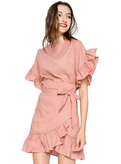 Solid Ruffle Short Sleeve Linen Mini Dress