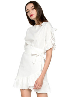 Solid Ruffle Short Sleeve Linen Mini Dress