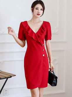 Red V-neck Ruffle Cocktail Bodycon Dress