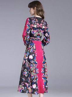 Ethnic Print 3/4 Sleeve Wrap Maxi Dress