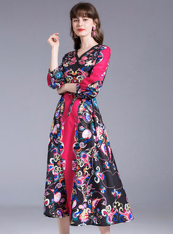 Ethnic Print 3/4 Sleeve Wrap Maxi Dress