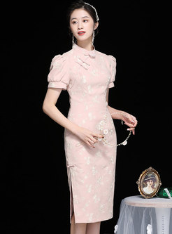 Mandarin Collar Print Bodycon Cheongsam Dress