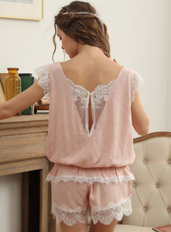 Lace Patchwork Backless Cute Pajamas Set