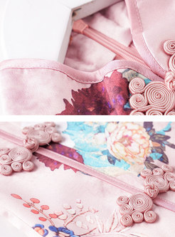 Pink Print Half Sleeve Irregular Cheongsam Dress