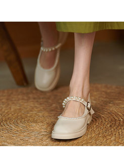 Rounded Toe Low Heel Low-fronted Pearl Embellished Shoes