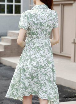 V-neck Short Sleeve Print Asymmetric Midi Dress