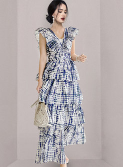 Blue Print V-neck Backless Layer Maxi Dress