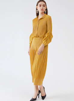 Yellow Casual Long Sleeve Pleated Maxi Skirt Suits