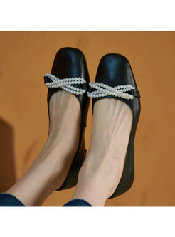 Pearl Embellished Square Toe Leather Flats