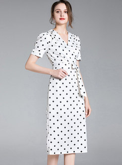 Short Sleeve Polka Dot A Line Knee-length Dress