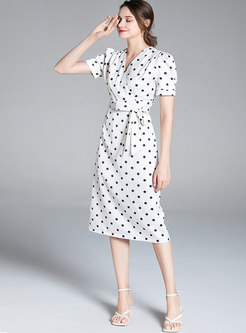 Short Sleeve Polka Dot A Line Knee-length Dress