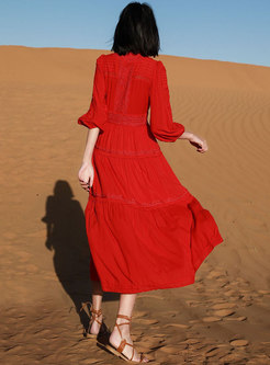 V-neck 3/4 Sleeve Embroidered Maxi Red Dress
