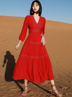 V-neck 3/4 Sleeve Embroidered Maxi Red Dress