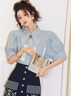 Light Blue Turn-down Collar Patchwork Striped Blouse