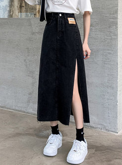 High Waisted Split Long Denim Skirt