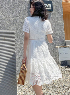 White V-neck Short Sleeve Openwork A Line Dress