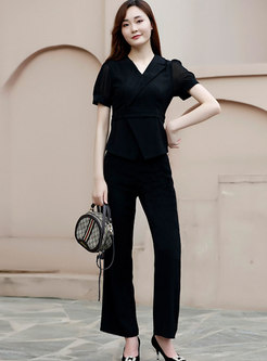 Brief Solid Lapel High Waisted Straight Pant Suits
