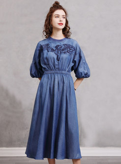 Vintage Lantern Sleeve Embroidered Denim Dress 