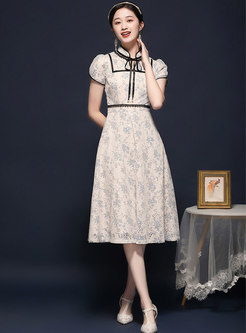 Mandarin Collar Lace Embroidered A Line Dress