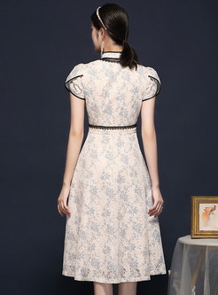 Mandarin Collar Lace Embroidered A Line Dress