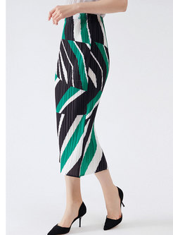Casual Geometric Print Sheath Pleated Skirt