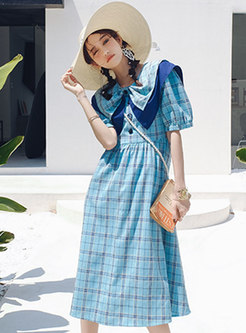 Cute Half Sleeve Plaid A Line Dress