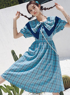 Cute Half Sleeve Plaid A Line Dress