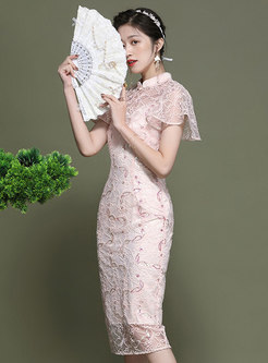 Pink Flare Sleeve Embroidered Transparent Cheongsam Dress