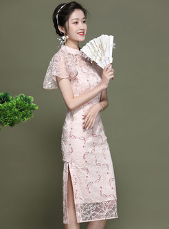 Pink Flare Sleeve Embroidered Transparent Cheongsam Dress