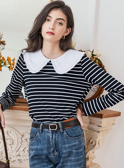 Navy Blue Striped Long Sleeve Blouse