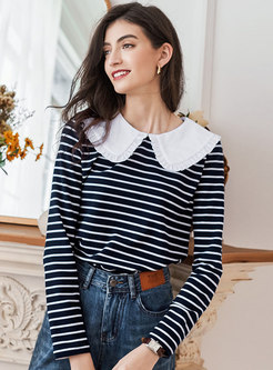 Navy Blue Striped Long Sleeve Blouse